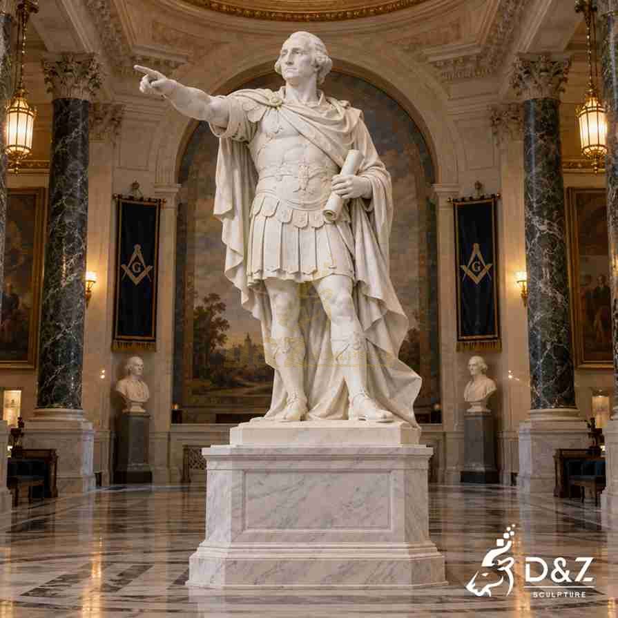 White marble George Washington Roman statue wearing classical armor and a flowing cloak, pointing forward and holding a scroll in a grand hall.