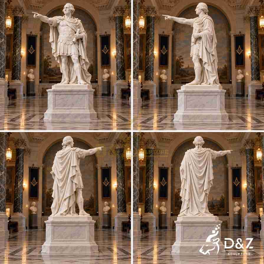 Four views of a George Washington Roman statue showing the front, side profile, back, and detailed folds of the marble cloak.