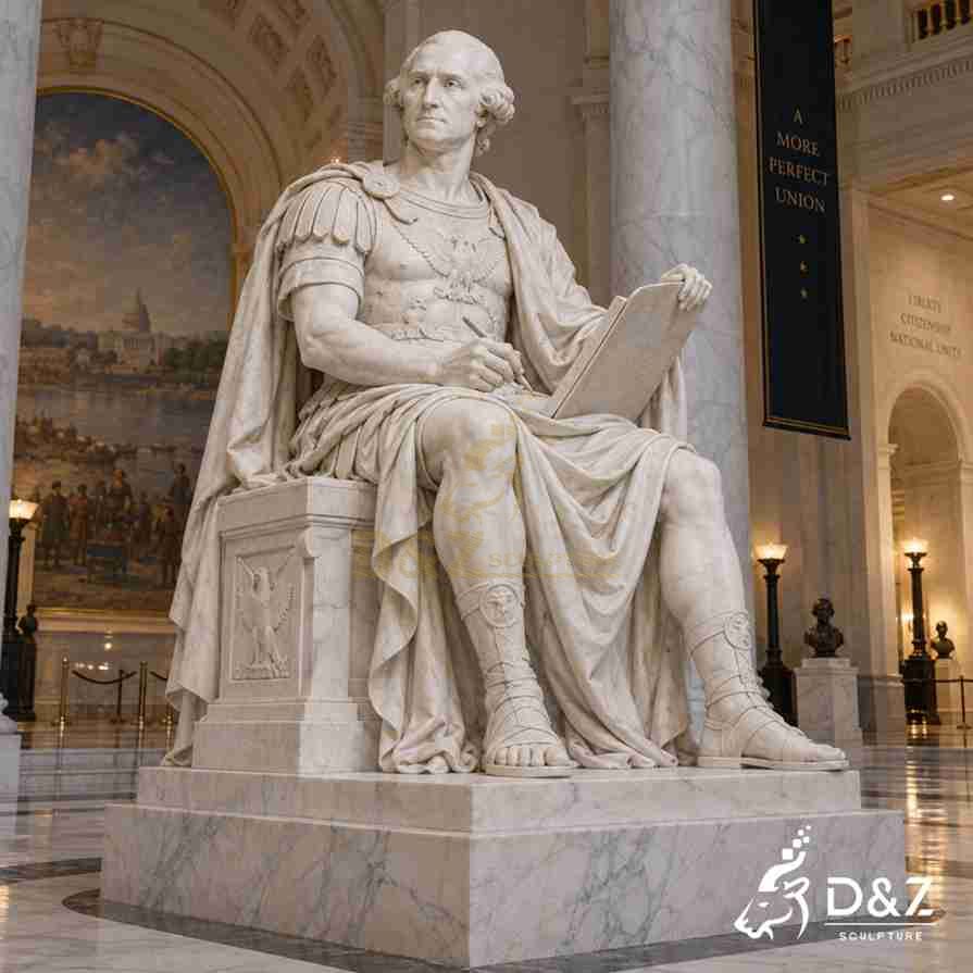 Seated George Washington marble statue dressed as a Roman leader, holding a writing tablet and stylus inside a neoclassical hall.