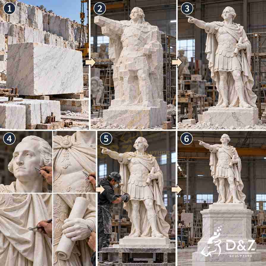 Illustrated marble carving process for a George Washington statue, from rough stone shaping to detailed carving and final polishing.