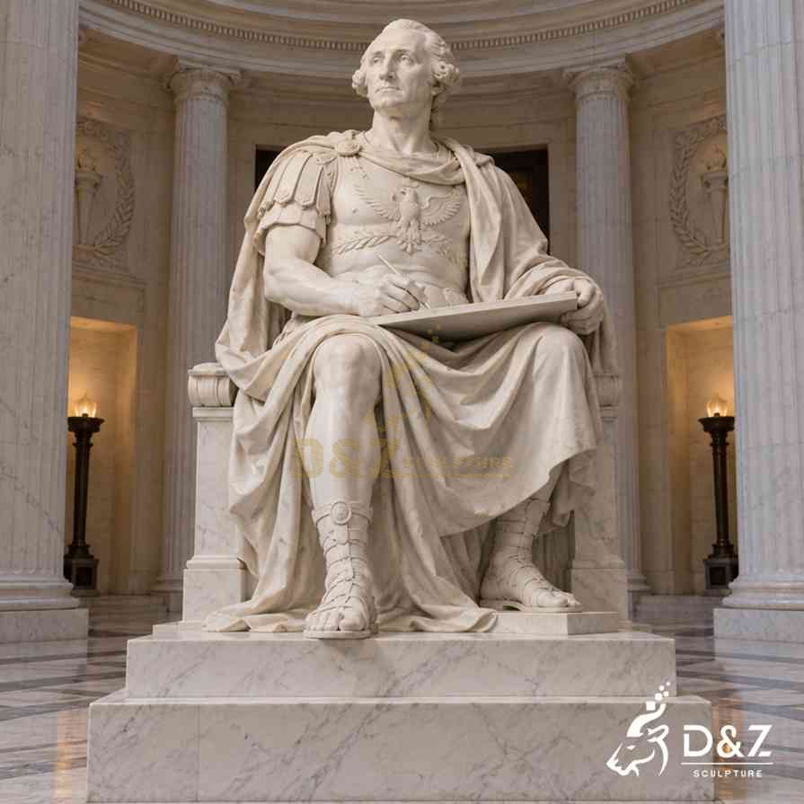 Large seated George Washington marble statue wearing Roman armor and a draped cloak while writing on a tablet in a memorial hall.