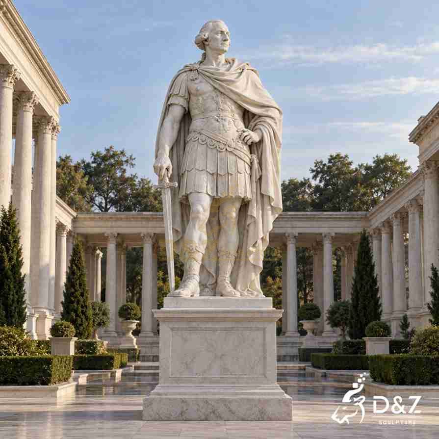 White marble George Washington Roman statue holding a downward-pointing sword, wearing detailed military armor in a classical courtyard.