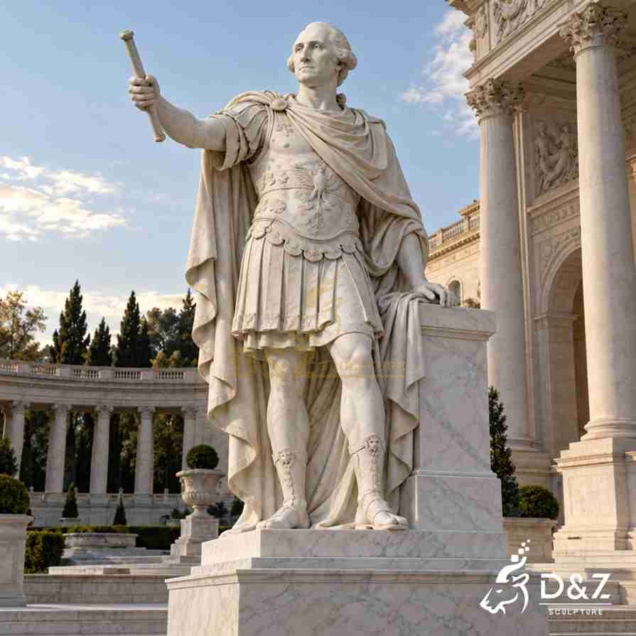 Neoclassical George Washington Roman statue extending a ceremonial baton and resting one hand on a marble pedestal.