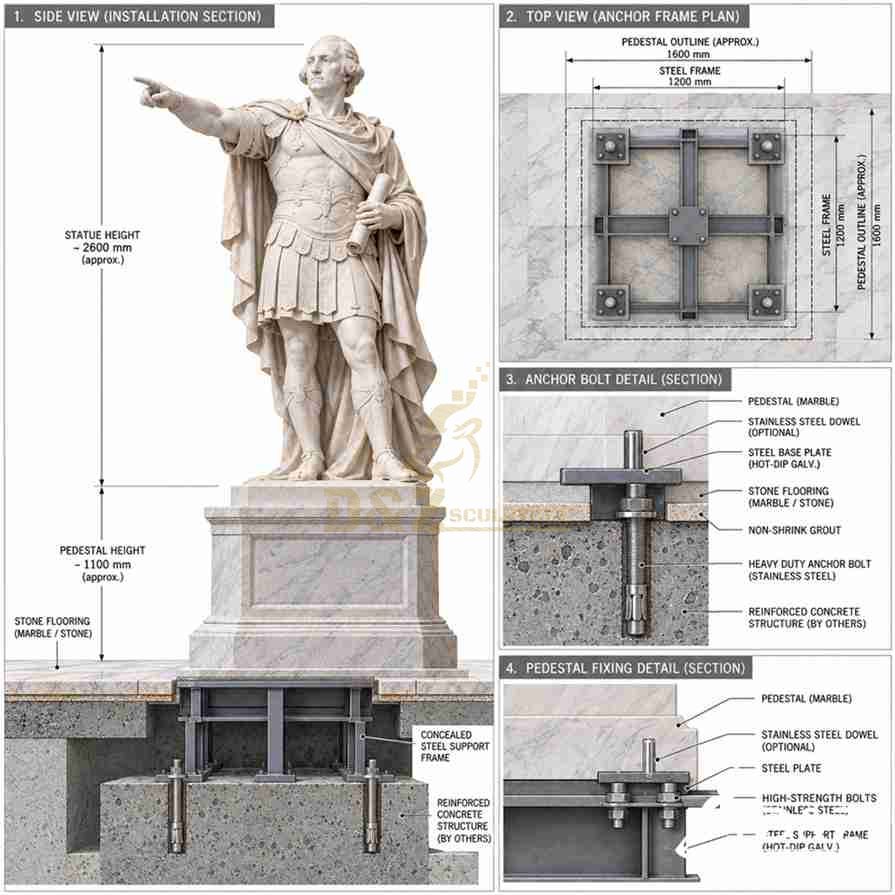 Illustrative installation diagram for a marble George Washington statue showing the steel support frame, pedestal, anchor bolts, and concrete foundation.