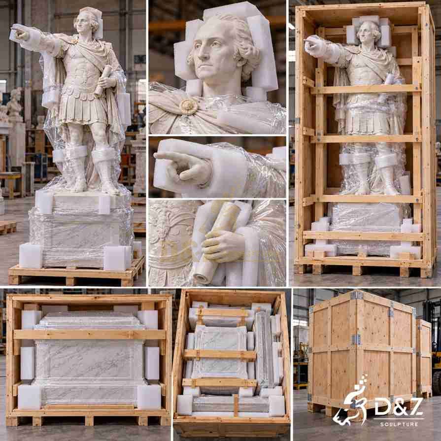 Illustrated export packaging for a George Washington marble statue with protective foam around the face, pointing hand, scroll, and wooden crates.
