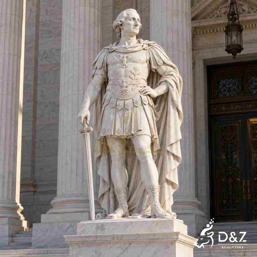White marble George Washington Roman statue holding a sword, with an eagle-decorated breastplate and flowing cloak outside a classical building.