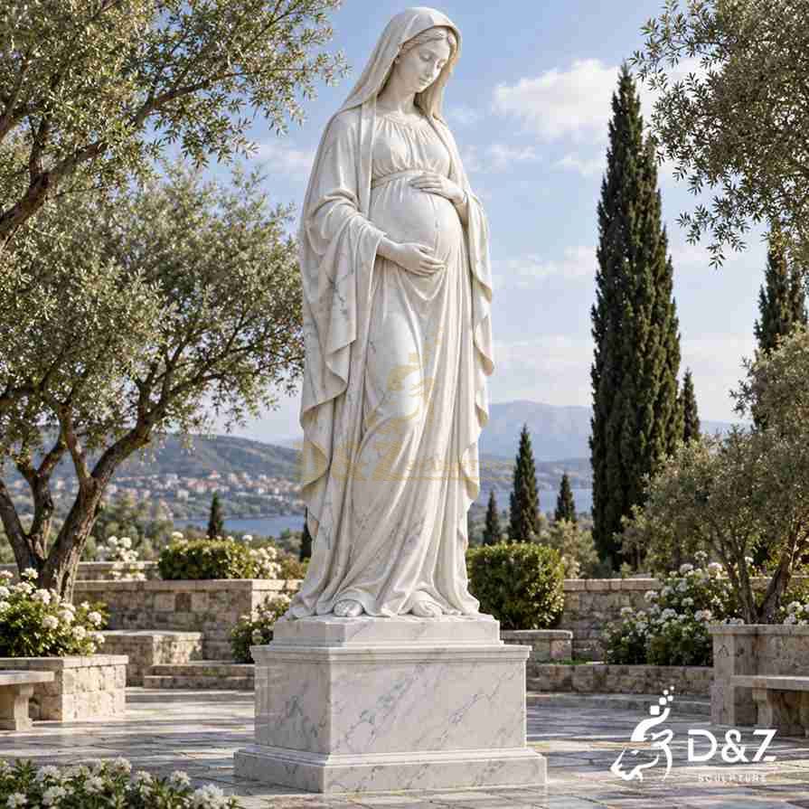 White marble pregnant Virgin Mary statue with a bowed head, flowing veil, and both hands gently protecting her belly in a peaceful garden. White marble pregnant Virgin Mary statue with a bowed head, flowing veil, and both hands gently protecting her belly in a peaceful garden.