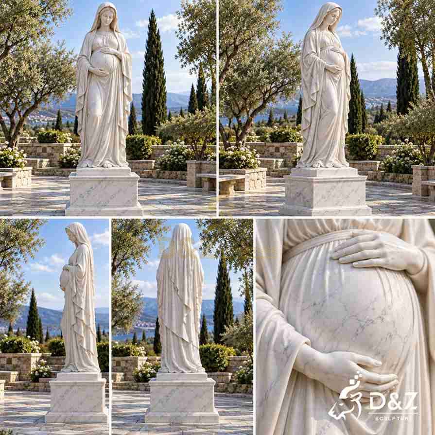 Multiple views of a pregnant Virgin Mary statue showing the front, angled side, side profile, back, and detailed marble carving of the hands and belly. Multiple views of a pregnant Virgin Mary statue showing the front, angled side, side profile, back, and detailed marble carving of the hands and belly.