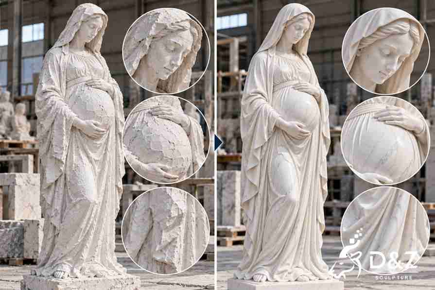 Illustrated comparison of rough and finely polished marble carving on a pregnant Virgin Mary statue, highlighting the face, hands, belly, and flowing robes. Illustrated comparison of rough and finely polished marble carving on a pregnant Virgin Mary statue, highlighting the face, hands, belly, and flowing robes.