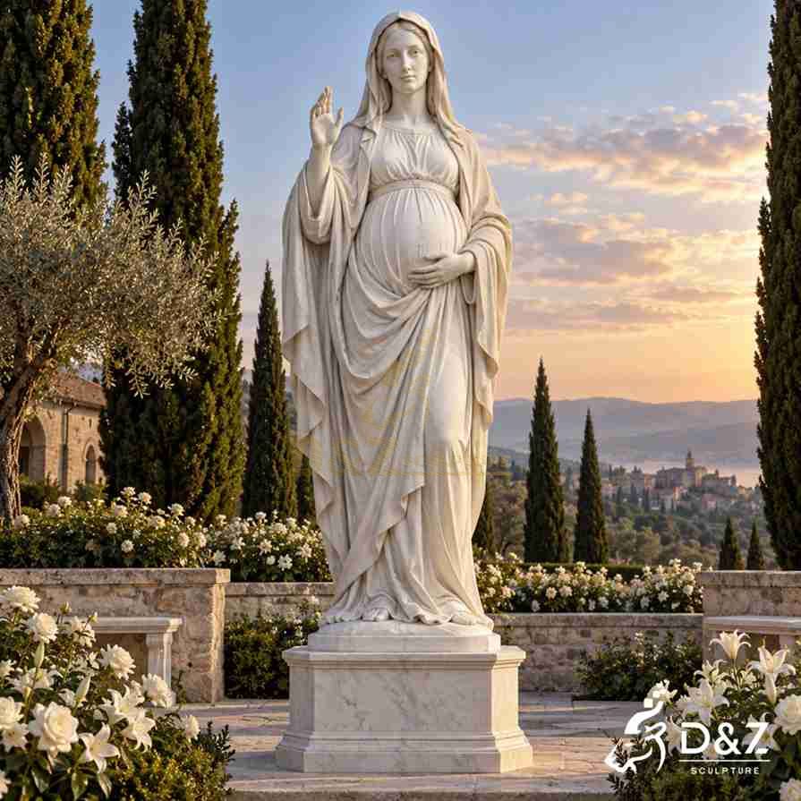 White marble pregnant Virgin Mary statue raising one hand in blessing while holding her belly, displayed in a peaceful garden at sunset. White marble pregnant Virgin Mary statue raising one hand in blessing while holding her belly, displayed in a peaceful garden at sunset.