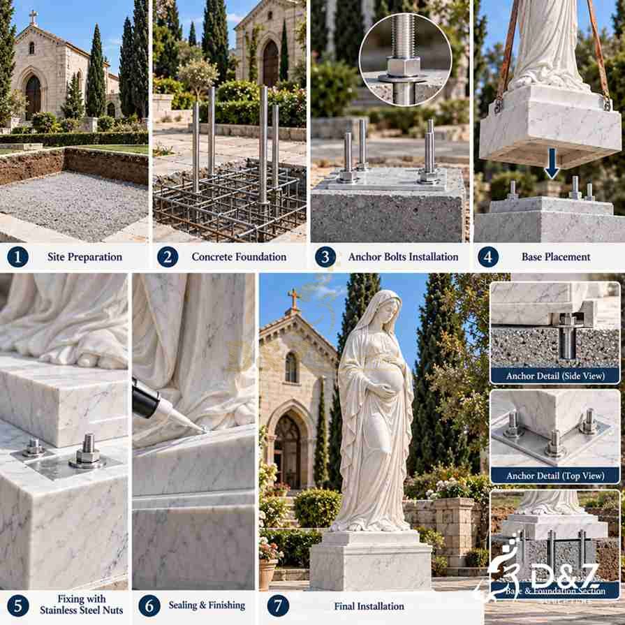 Illustrated installation process for a large marble Virgin Mary statue showing concrete foundation preparation, anchor bolts, base placement, and final positioning. Illustrated installation process for a large marble Virgin Mary statue showing concrete foundation preparation, anchor bolts, base placement, and final positioning.