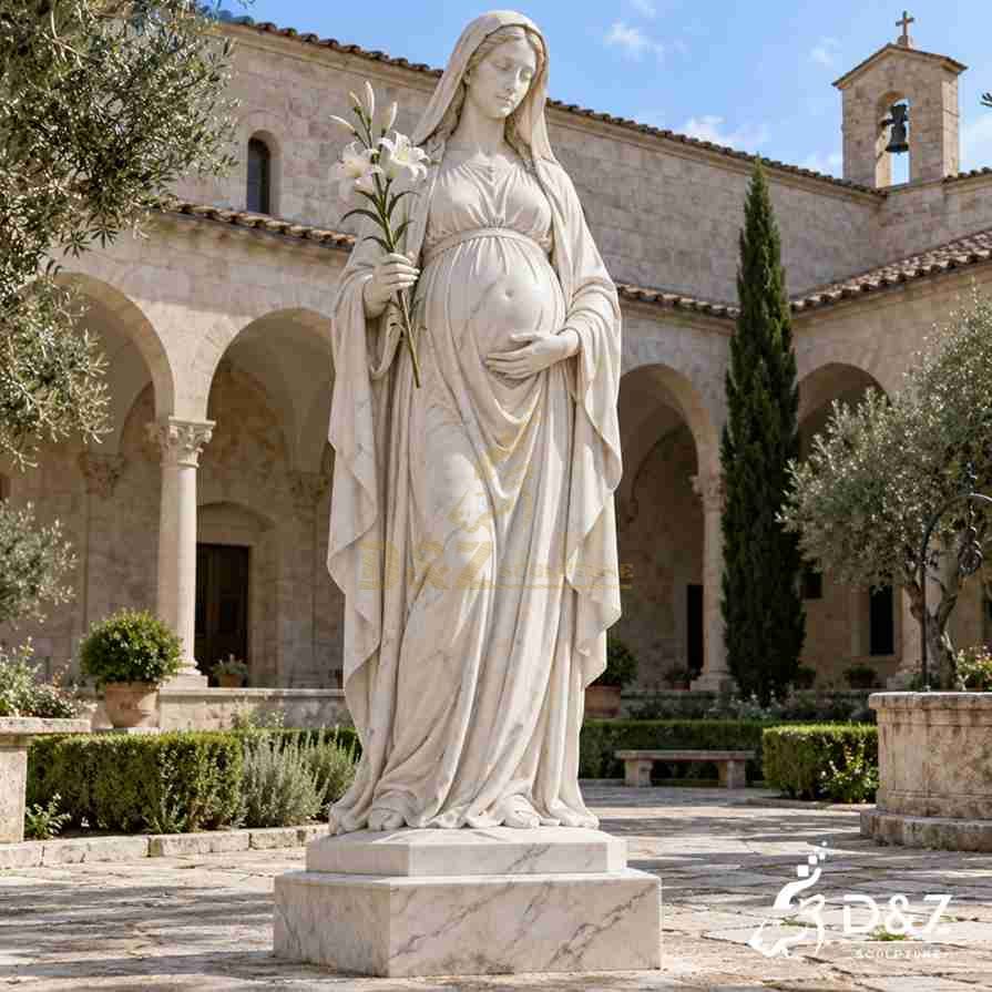 White marble pregnant Virgin Mary statue holding white lilies in one hand and gently touching her belly with the other in a monastery courtyard. White marble pregnant Virgin Mary statue holding white lilies in one hand and gently touching her belly with the other in a monastery courtyard.