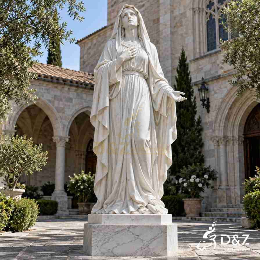 White marble crying Virgin Mary statue looking upward with carved tears, one hand over her chest and the other extended outside a church. White marble crying Virgin Mary statue looking upward with carved tears, one hand over her chest and the other extended outside a church.