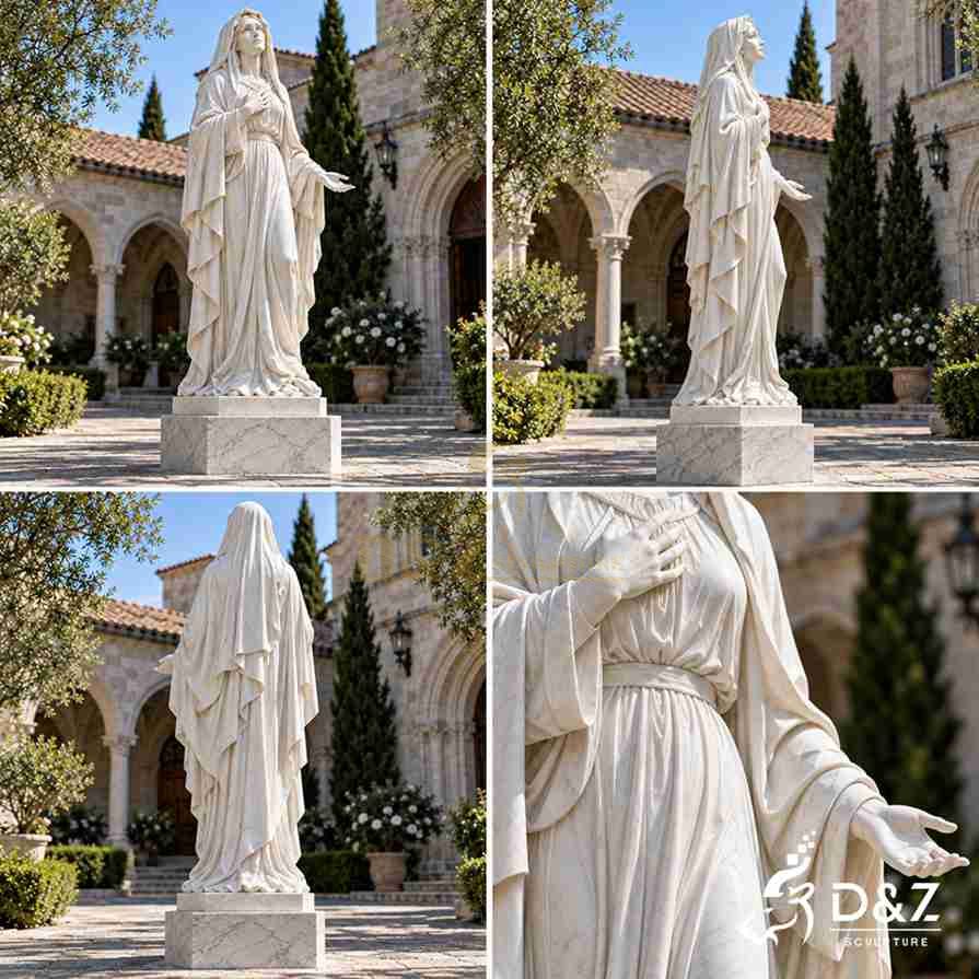Multiple views of a crying Virgin Mary statue showing the front, side profile, back, flowing marble robes, and detailed hand gestures. Multiple views of a crying Virgin Mary statue showing the front, side profile, back, flowing marble robes, and detailed hand gestures.