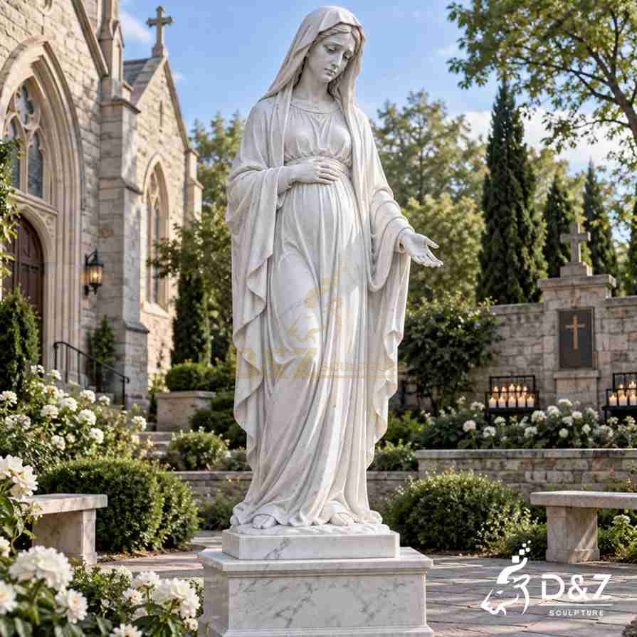 White marble Virgin Mary crying statue with a sorrowful face, lowered head, one hand on her chest, and an open hand in a memorial garden. White marble Virgin Mary crying statue with a sorrowful face, lowered head, one hand on her chest, and an open hand in a memorial garden.