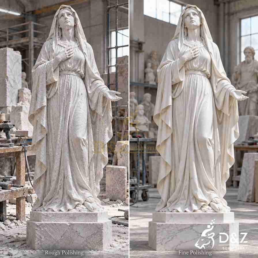 Illustrated comparison of rough and fine polishing on a marble crying Virgin Mary statue, highlighting the facial features, hands, and flowing robes. Illustrated comparison of rough and fine polishing on a marble crying Virgin Mary statue, highlighting the facial features, hands, and flowing robes.