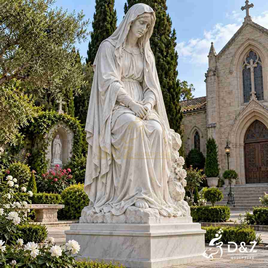Seated white marble Virgin Mary statue with a bowed head, tearful expression, folded hands, and flowing robes in a church courtyard. Seated white marble Virgin Mary statue with a bowed head, tearful expression, folded hands, and flowing robes in a church courtyard.