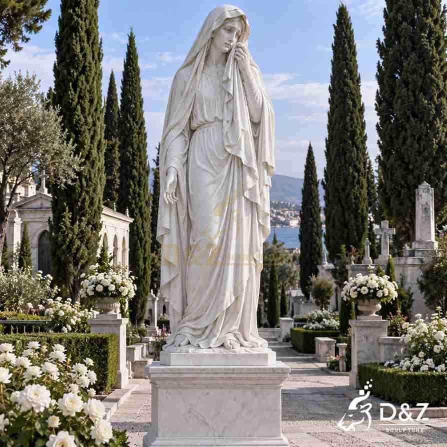 White marble crying Virgin Mary statue gently wiping tears from her face with a veil, surrounded by flowers in a peaceful cemetery garden. White marble crying Virgin Mary statue gently wiping tears from her face with a veil, surrounded by flowers in a peaceful cemetery garden.
