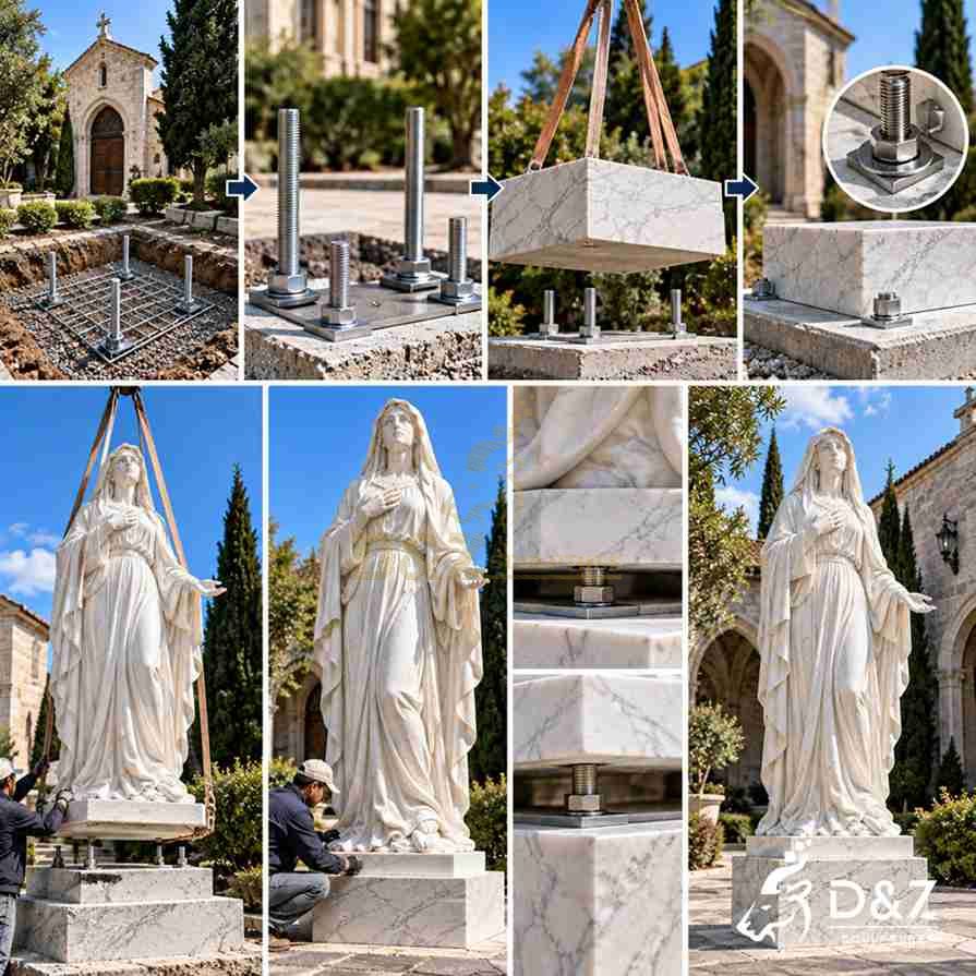 Illustrated installation process of a large marble Virgin Mary statue showing foundation preparation, anchor bolts, crane lifting, and pedestal fixing. Illustrated installation process of a large marble Virgin Mary statue showing foundation preparation, anchor bolts, crane lifting, and pedestal fixing.