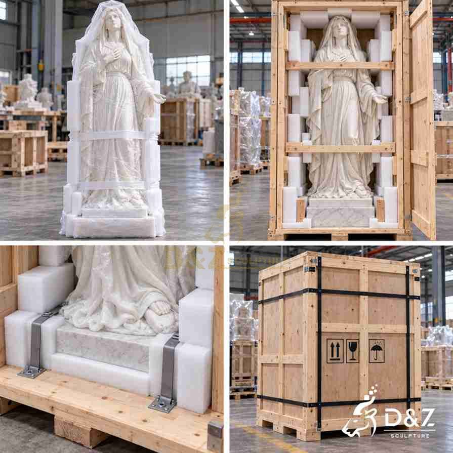 Illustrated packaging process for a marble crying Virgin Mary statue showing protective wrapping, foam supports, wooden crate packing, and secure fastening. Illustrated packaging process for a marble crying Virgin Mary statue showing protective wrapping, foam supports, wooden crate packing, and secure fastening.