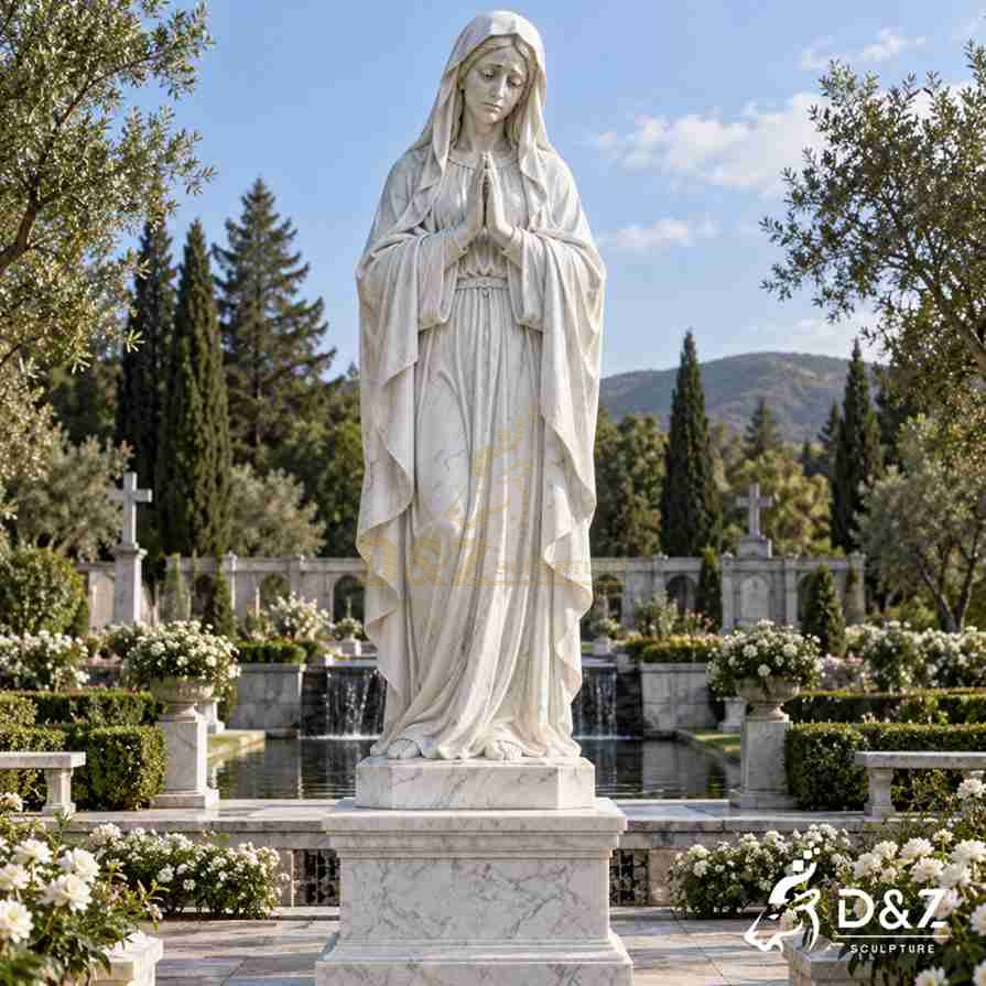 White marble crying Virgin Mary statue with tears on her face and hands joined in prayer, standing in a memorial garden with flowers and a fountain. White marble crying Virgin Mary statue with tears on her face and hands joined in prayer, standing in a memorial garden with flowers and a fountain.