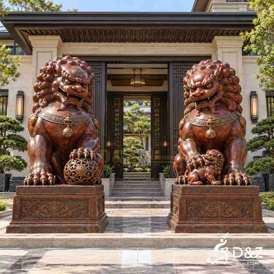 Large red foo dog statue pair in bronze, featuring a male guardian lion with a decorative ball and a female lion protecting her cub at a villa entrance. Large red foo dog statue pair in bronze, featuring a male guardian lion with a decorative ball and a female lion protecting her cub at a villa entrance.