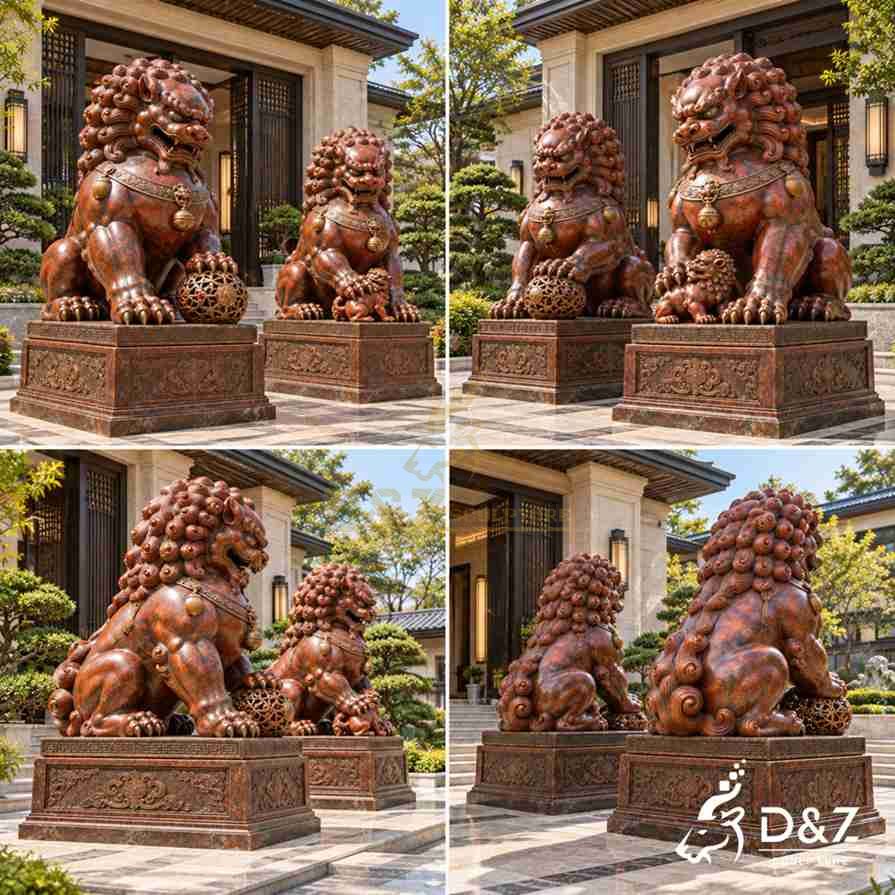 Four views of a bronze foo dog statue pair showing curled manes, muscular bodies, decorative collars, seated poses, and carved bronze pedestals. Four views of a bronze foo dog statue pair showing curled manes, muscular bodies, decorative collars, seated poses, and carved bronze pedestals.