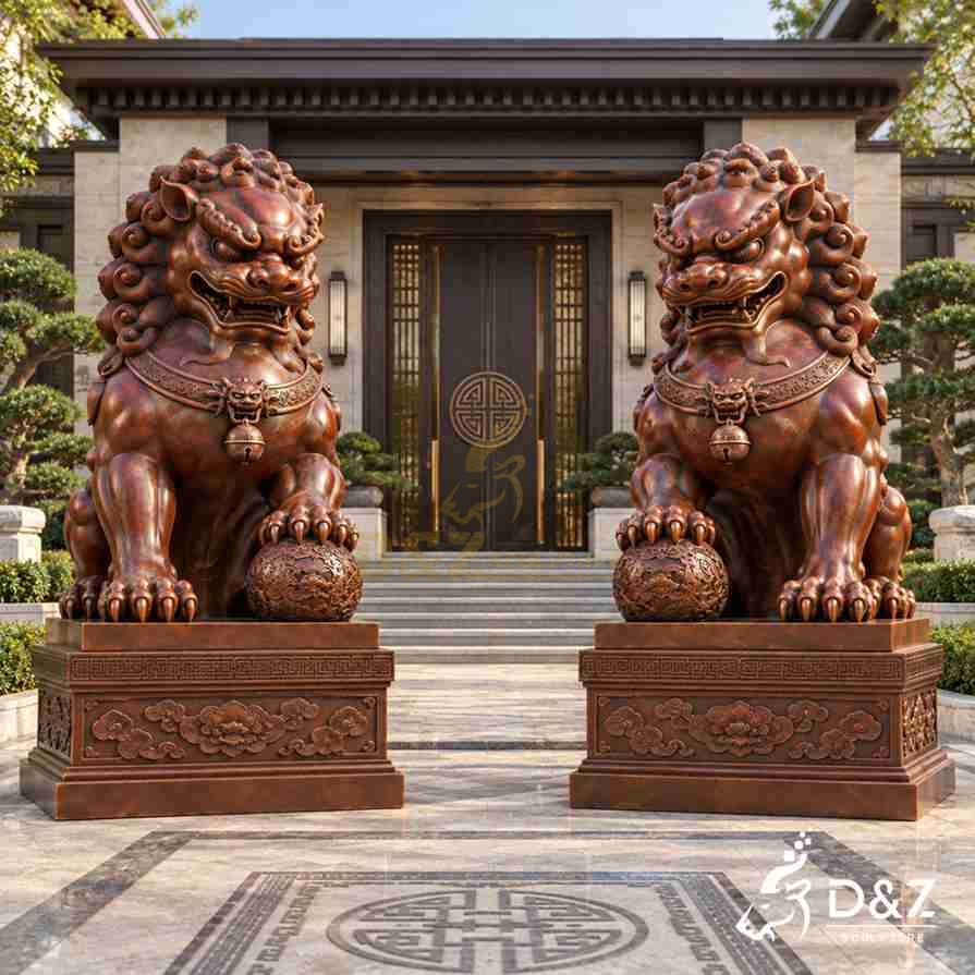 Pair of red bronze foo dog statues with both lions resting one paw on carved balls, displayed symmetrically outside a traditional-style entrance. Pair of red bronze foo dog statues with both lions resting one paw on carved balls, displayed symmetrically outside a traditional-style entrance.