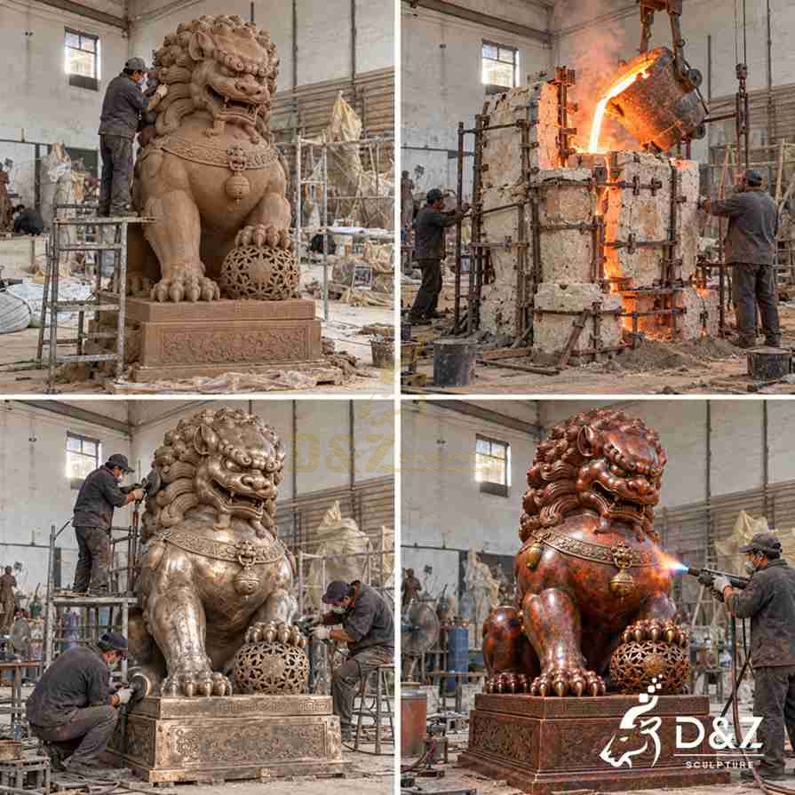 Illustrated bronze foo dog statue manufacturing process showing clay modeling, molten bronze casting, surface grinding, and red hot patina finishing. Illustrated bronze foo dog statue manufacturing process showing clay modeling, molten bronze casting, surface grinding, and red hot patina finishing.