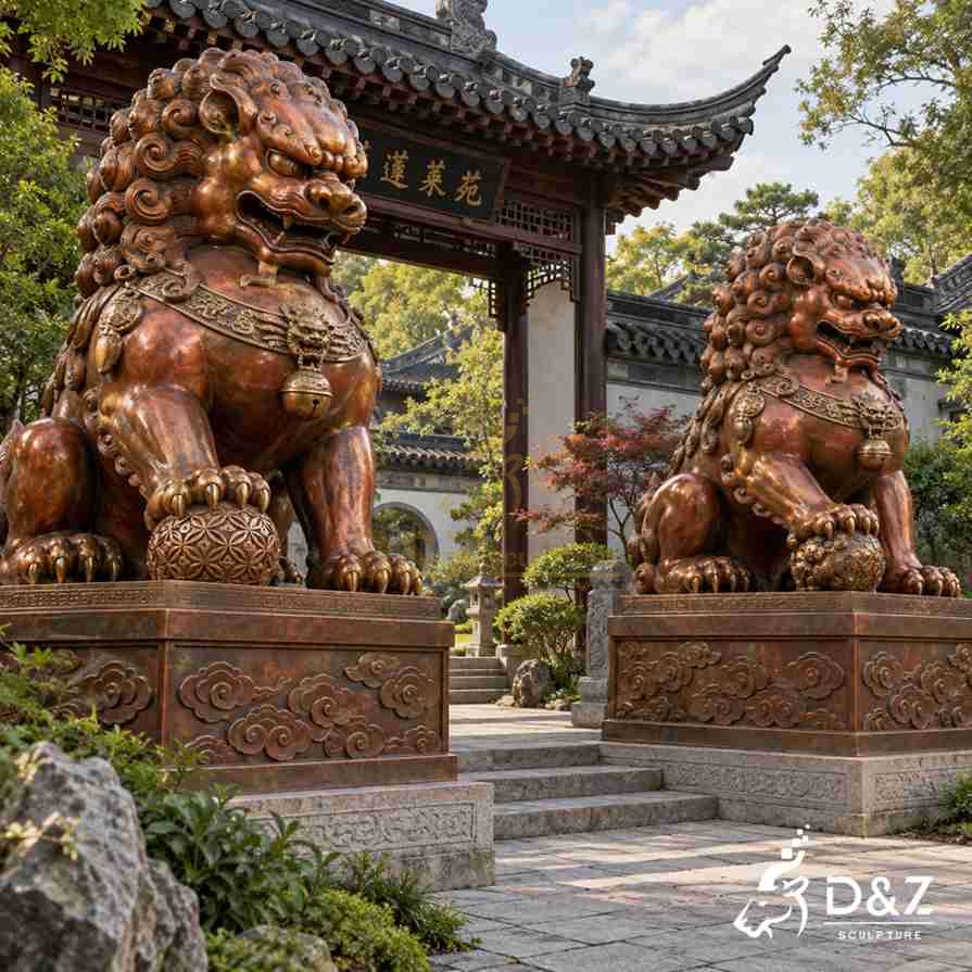 Large red bronze foo dog garden statues with curled manes and paws on decorative balls, displayed beside a traditional Chinese garden entrance. Large red bronze foo dog garden statues with curled manes and paws on decorative balls, displayed beside a traditional Chinese garden entrance.