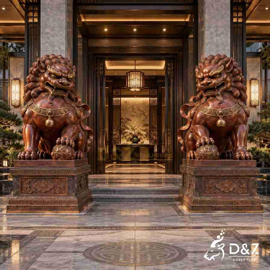 Two large outdoor foo dog statues in reddish bronze with decorative collars, bells, carved balls, and matching pedestals outside a modern Chinese-style building. Two large outdoor foo dog statues in reddish bronze with decorative collars, bells, carved balls, and matching pedestals outside a modern Chinese-style building.