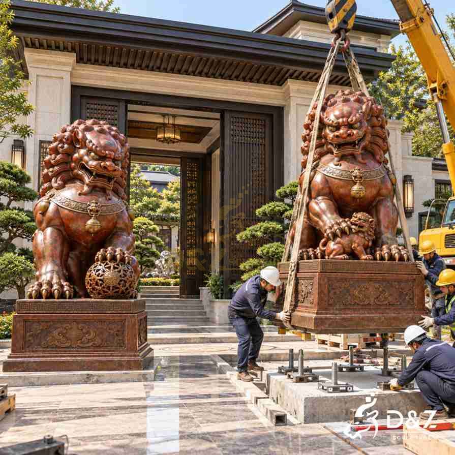 Illustrated installation of a large bronze foo dog statue using crane lifting, anchor bolts, and a prepared concrete foundation at a building entrance. Illustrated installation of a large bronze foo dog statue using crane lifting, anchor bolts, and a prepared concrete foundation at a building entrance.
