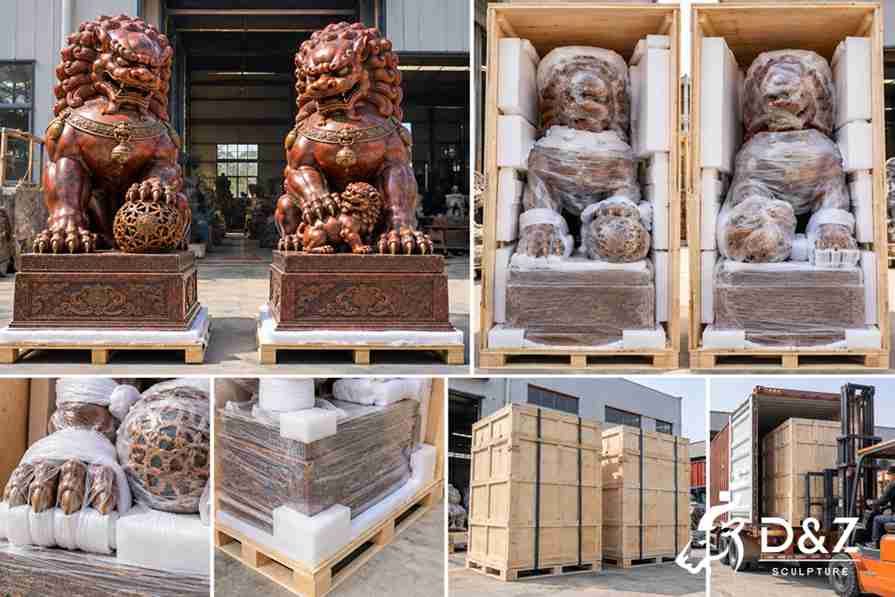 Illustrated packaging of bronze foo dog statues showing protective foam, wooden crates, secured decorative details, and container loading for overseas shipping. Illustrated packaging of bronze foo dog statues showing protective foam, wooden crates, secured decorative details, and container loading for overseas shipping.