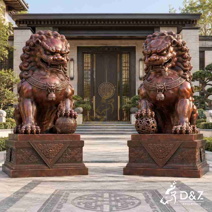 Pair of large red foo dog statues in bronze, each holding a carved ball, with detailed curled manes and ornate pedestals at a modern villa entrance. Pair of large red foo dog statues in bronze, each holding a carved ball, with detailed curled manes and ornate pedestals at a modern villa entrance.