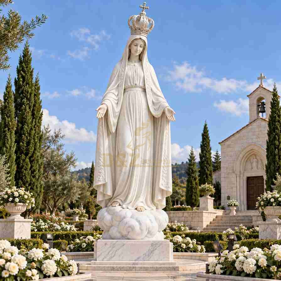 Large marble Virgin Mary Fatima statue with a decorative crown, open hands, flowing white robes, and a carved cloud base in a church prayer garden. Large marble Virgin Mary Fatima statue with a decorative crown, open hands, flowing white robes, and a carved cloud base in a church prayer garden.