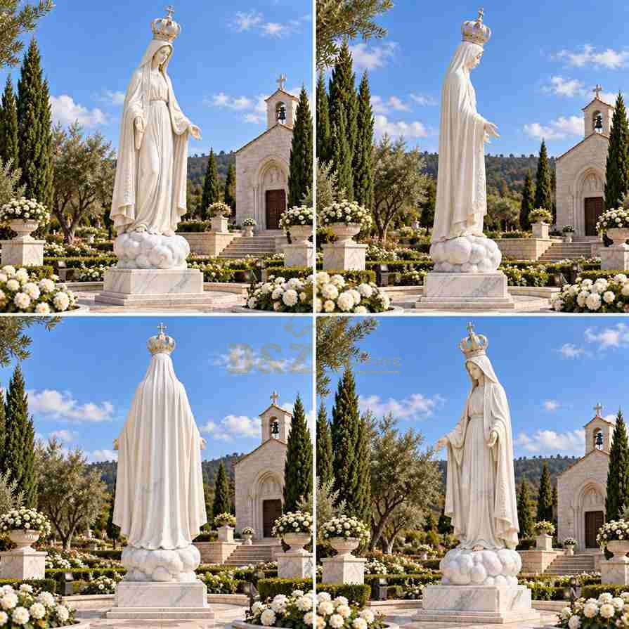 Four views of a white marble Fatima Virgin Mary statue showing the front, side profile, back, and angled view, with detailed crown, flowing veil, and cloud base. Four views of a white marble Fatima Virgin Mary statue showing the front, side profile, back, and angled view, with detailed crown, flowing veil, and cloud base.