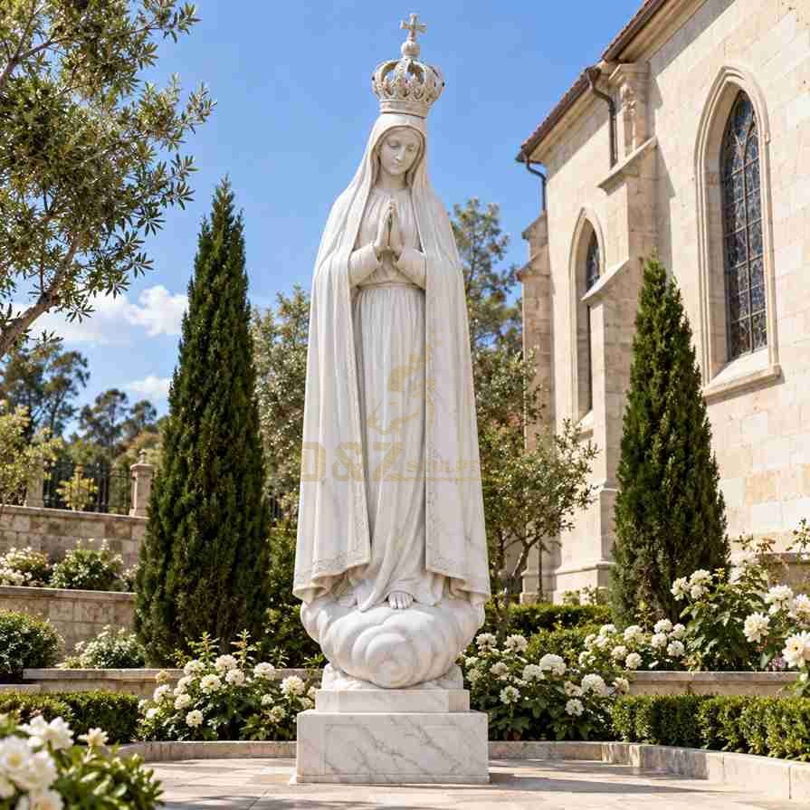 White marble Fatima Virgin Mary statue wearing a cross-topped crown, with hands joined in prayer and bare feet resting on carved clouds outside a church. White marble Fatima Virgin Mary statue wearing a cross-topped crown, with hands joined in prayer and bare feet resting on carved clouds outside a church.