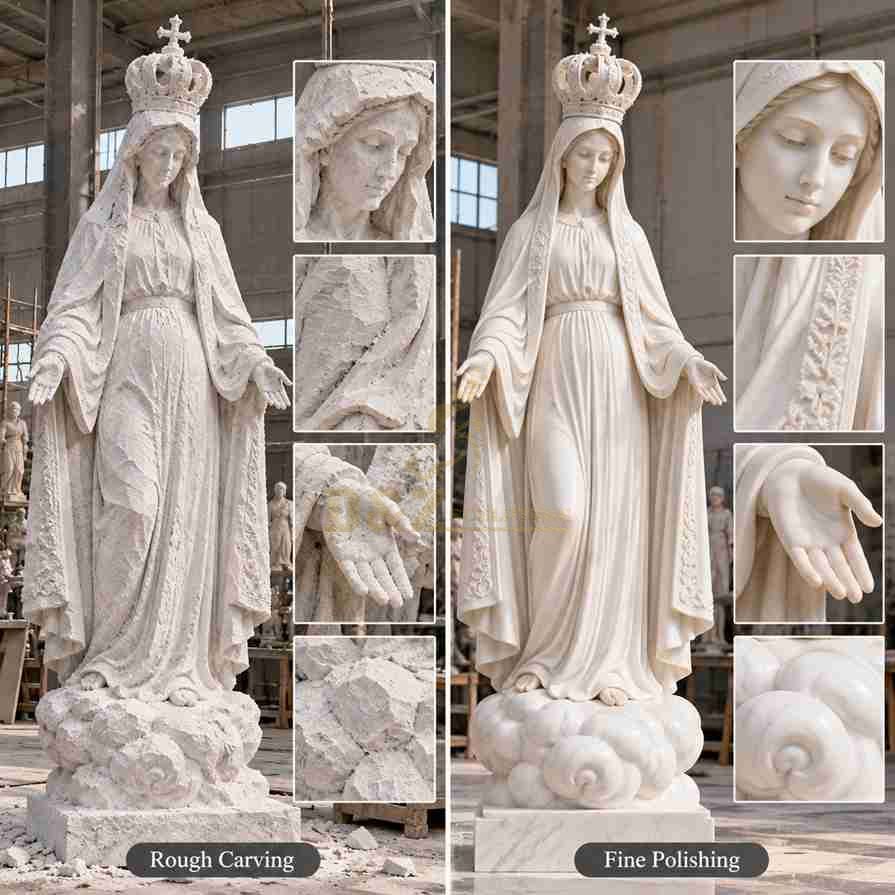 Illustrated comparison of rough carving and fine polishing on a marble Fatima Virgin Mary statue, showing the crown, facial features, veil, hands, and cloud base. Illustrated comparison of rough carving and fine polishing on a marble Fatima Virgin Mary statue, showing the crown, facial features, veil, hands, and cloud base.