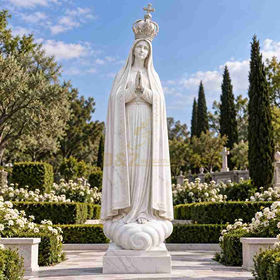 Crowned Fatima Virgin Mary statue in white marble looking upward with hands joined in prayer, standing on carved clouds in a peaceful memorial garden. Crowned Fatima Virgin Mary statue in white marble looking upward with hands joined in prayer, standing on carved clouds in a peaceful memorial garden.