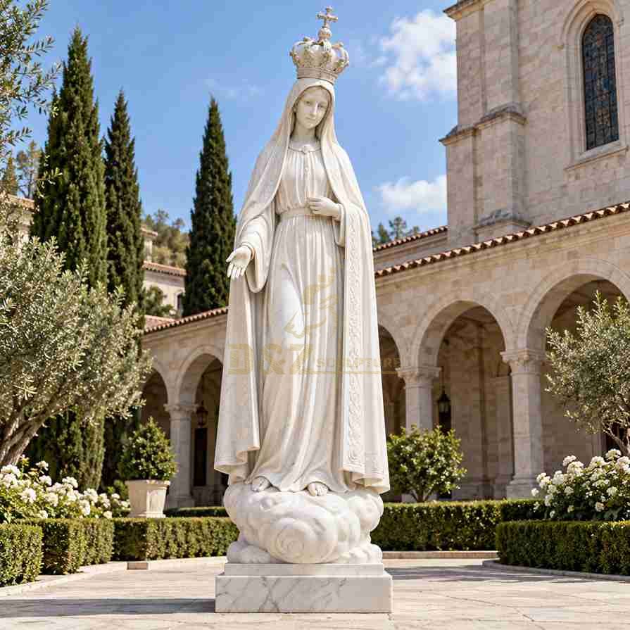 White marble Fatima Virgin Mary statue with one hand over her heart and the other extended outward, wearing a decorative crown and long veil in a church courtyard. White marble Fatima Virgin Mary statue with one hand over her heart and the other extended outward, wearing a decorative crown and long veil in a church courtyard.