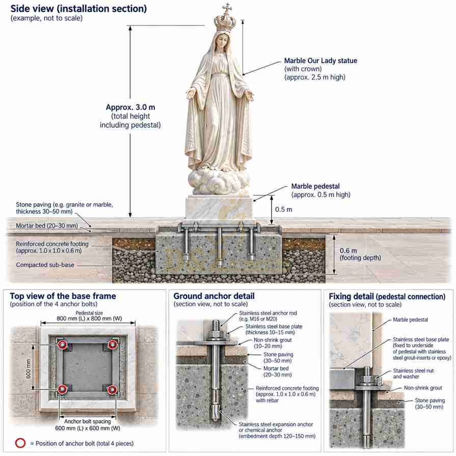 Illustrative installation diagram of a large marble Fatima Virgin Mary statue showing the pedestal, concrete foundation, steel anchor bolts, and structural fixing details. Illustrative installation diagram of a large marble Fatima Virgin Mary statue showing the pedestal, concrete foundation, steel anchor bolts, and structural fixing details.