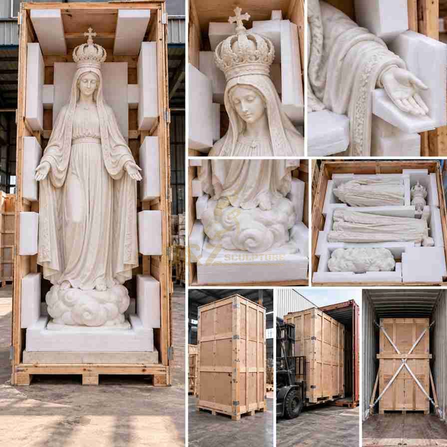 Illustrated export packaging of a marble Fatima Virgin Mary statue with protective foam around the crown, face, hands, and cloud base inside reinforced wooden crates. Illustrated export packaging of a marble Fatima Virgin Mary statue with protective foam around the crown, face, hands, and cloud base inside reinforced wooden crates.