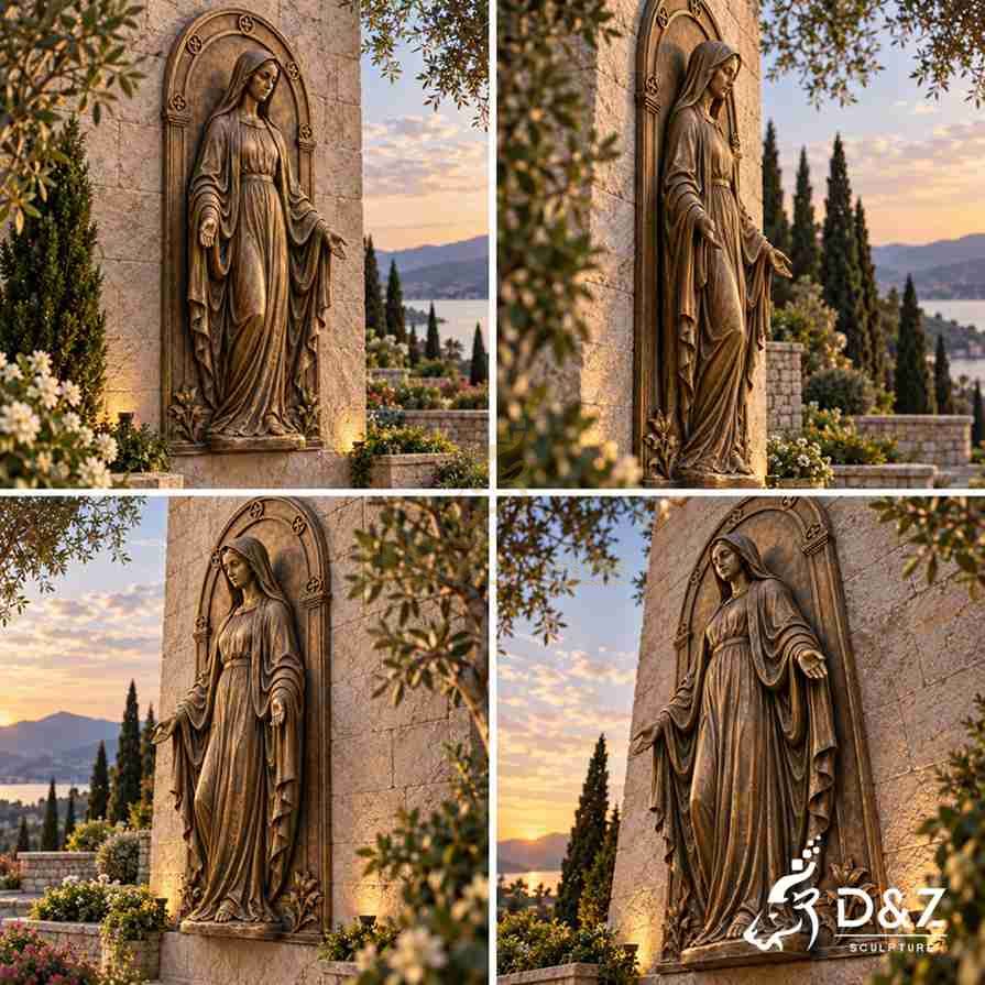 Different angle views of a bronze Virgin Mary wall statue showing the raised facial features, extended arms, flowing robes, and decorative arched frame. Different angle views of a bronze Virgin Mary wall statue showing the raised facial features, extended arms, flowing robes, and decorative arched frame.