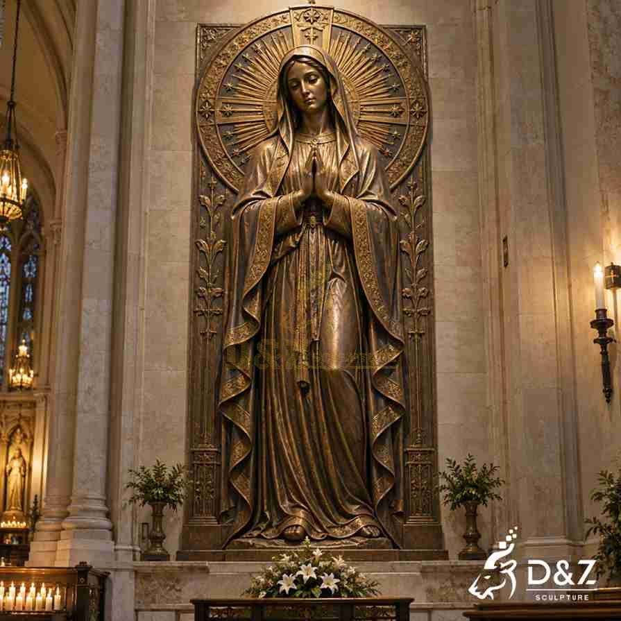 Bronze Virgin Mary wall statue with hands joined in prayer, a radiant halo, and detailed flowing robes displayed inside a church. Bronze Virgin Mary wall statue with hands joined in prayer, a radiant halo, and detailed flowing robes displayed inside a church.