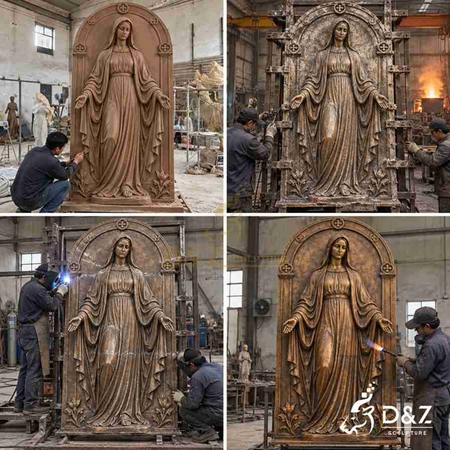 Illustration of the bronze Virgin Mary wall statue manufacturing process, including clay modeling, bronze casting, welding, and antique patina finishing. Illustration of the bronze Virgin Mary wall statue manufacturing process, including clay modeling, bronze casting, welding, and antique patina finishing.