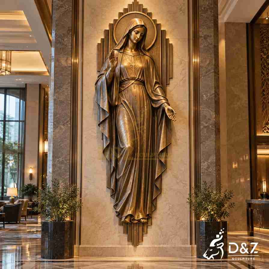 Modern bronze Virgin Mary wall sculpture with a simple geometric background, graceful figure, and flowing robes in a contemporary interior. Modern bronze Virgin Mary wall sculpture with a simple geometric background, graceful figure, and flowing robes in a contemporary interior.