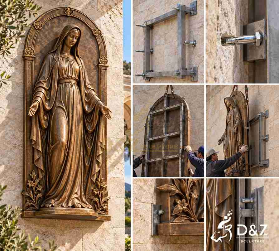 Illustration of a large bronze Virgin Mary wall statue installation showing the rear metal support frame, wall anchors, and concealed mounting connections. Illustration of a large bronze Virgin Mary wall statue installation showing the rear metal support frame, wall anchors, and concealed mounting connections.