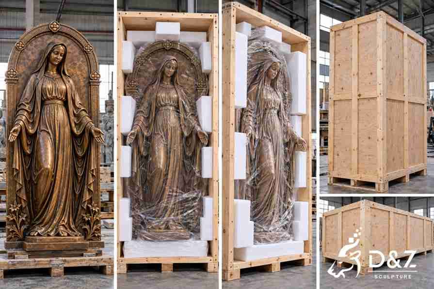Illustration of protective foam packaging and reinforced wooden crates for shipping a bronze Virgin Mary wall statue and its decorative relief components. Illustration of protective foam packaging and reinforced wooden crates for shipping a bronze Virgin Mary wall statue and its decorative relief components.