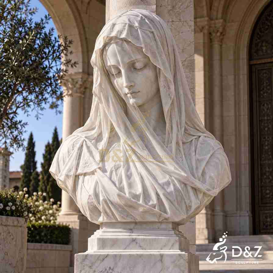 White marble veiled Virgin Mary bust with a finely carved veil covering her face.