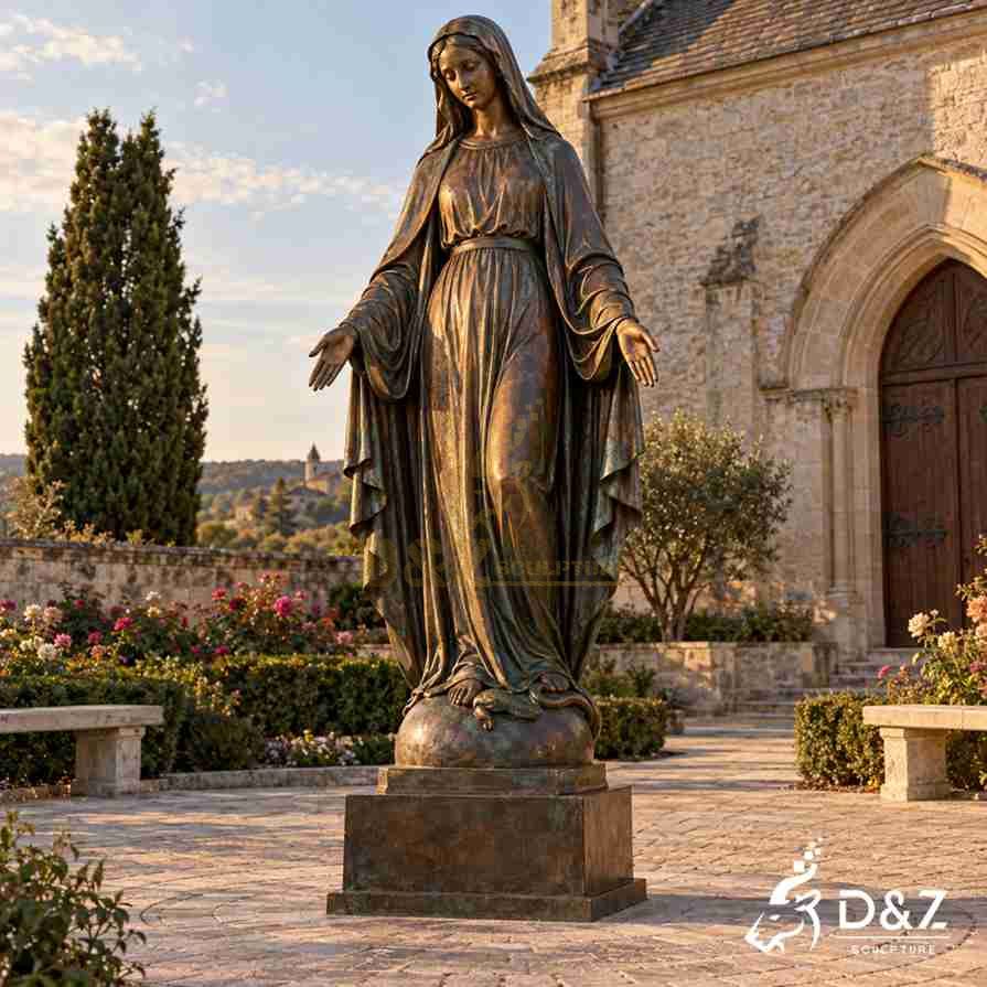 Bronze Our Lady of Grace statue with open arms, standing above a globe and serpent